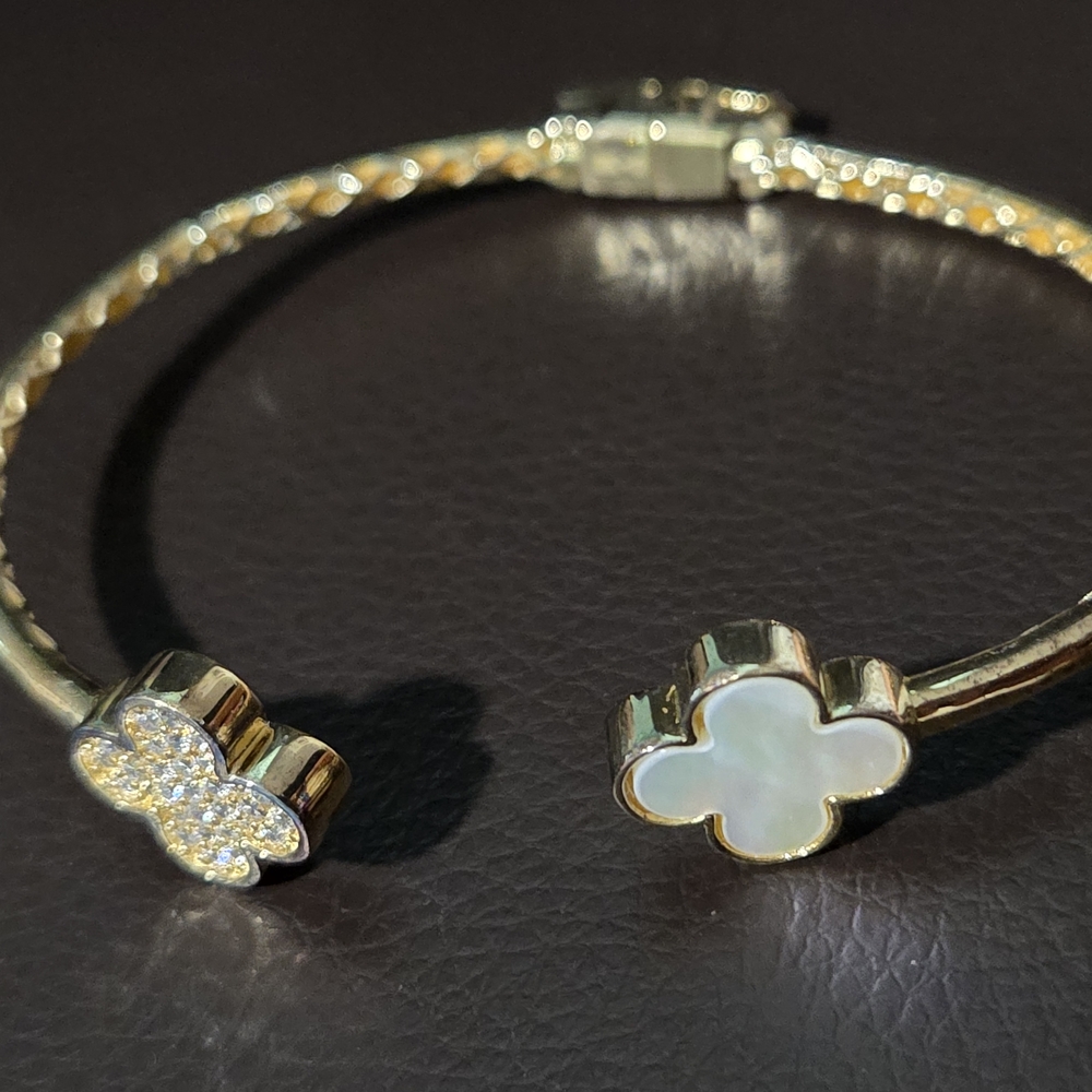 Rachel Zoe Cuff Bracelet Bangle Mother of Pearl 925 Sterling Silver CZ Stone